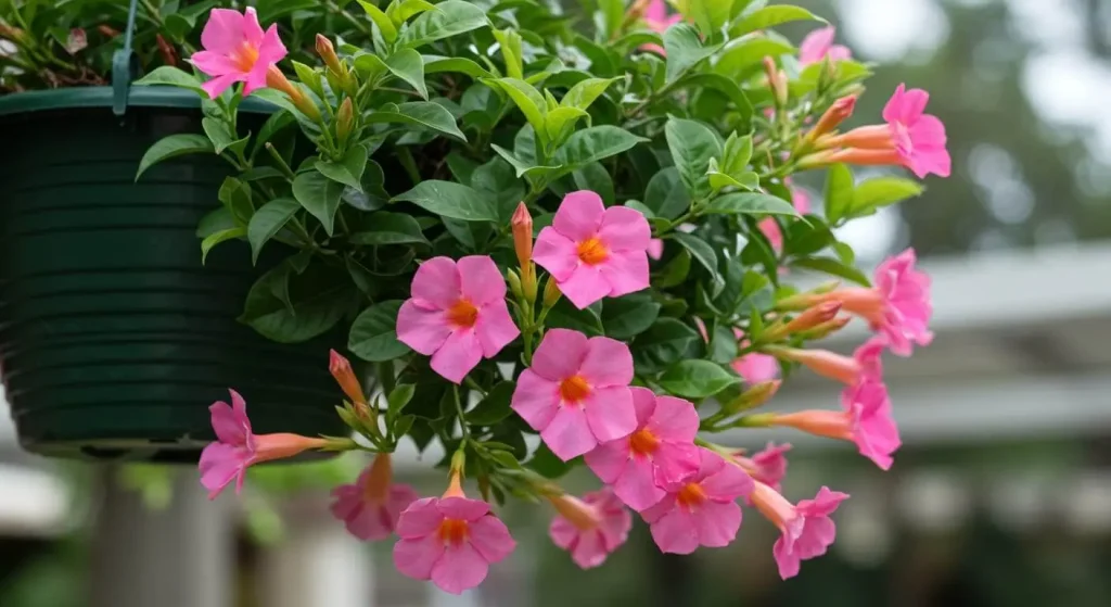 Healthy Dipladenia plant in a terracotta pot with pink blooms and lush green foliage, sitting on a sunny windowsill.