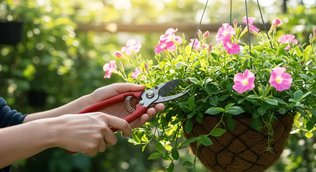 Gardener pruning a Dipladenia plant in a hanging basket to encourage bushier growth and more blooms.