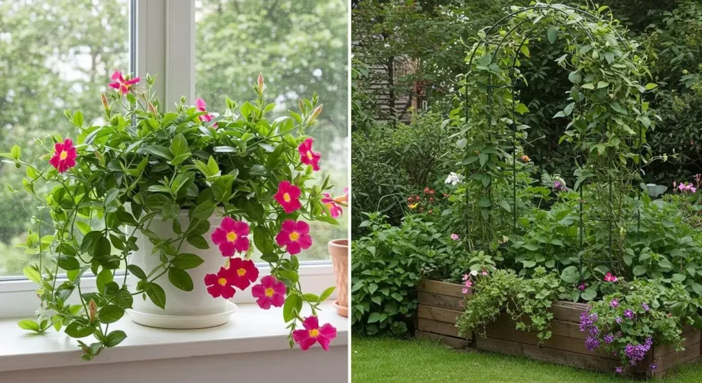 Split-view image of Dipladenia grown indoors on a windowsill and outdoors in a garden with a trellis.