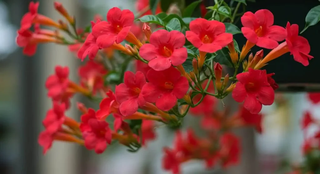 Dipladenia plant in full bloom with cascading red flowers in a hanging basket