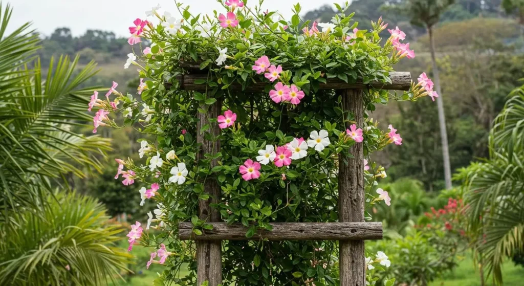 Dipladenia plant trained to climb a wooden trellis in a tropical garden, covered in pink and white flowers