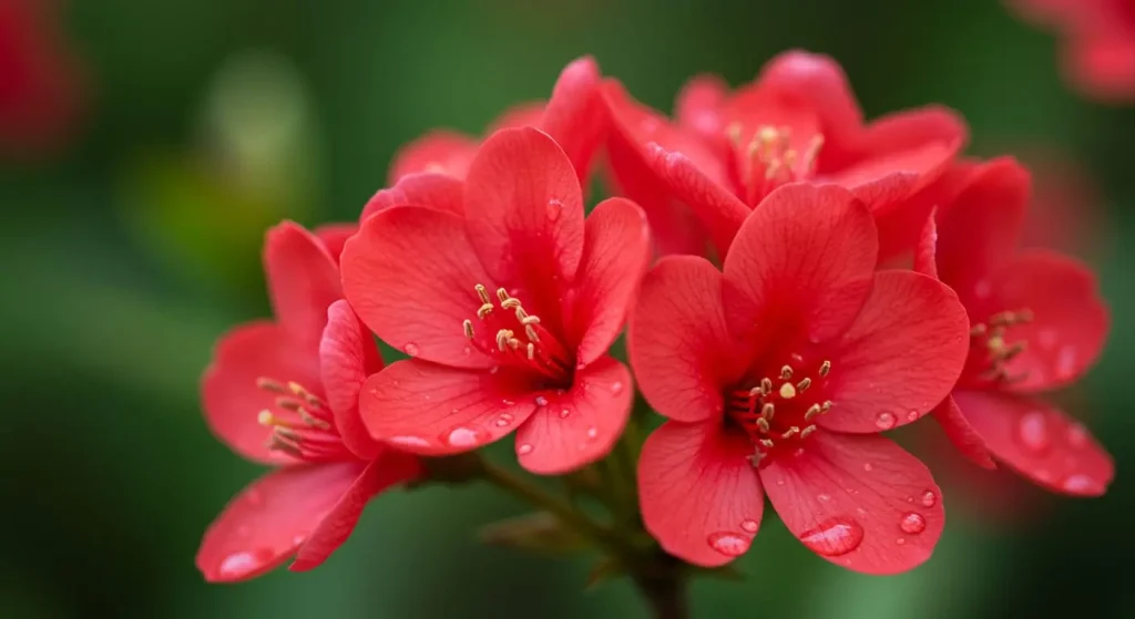 Close-up of vibrant red flowers with dewdrops, glowing in natural sunlight against a lush green garden background.