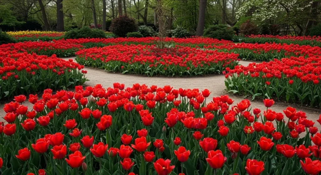Vibrant red flowers in a sunny garden with butterflies, showcasing their bold colors and natural beauty