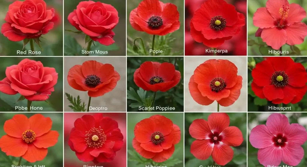 Collage of 10 stunning red flowers, including roses, poppies, and hibiscus, perfect for brightening gardens.