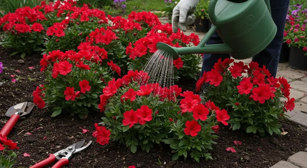 Gardener watering vibrant red flowers, demonstrating proper care techniques for healthy blooms.