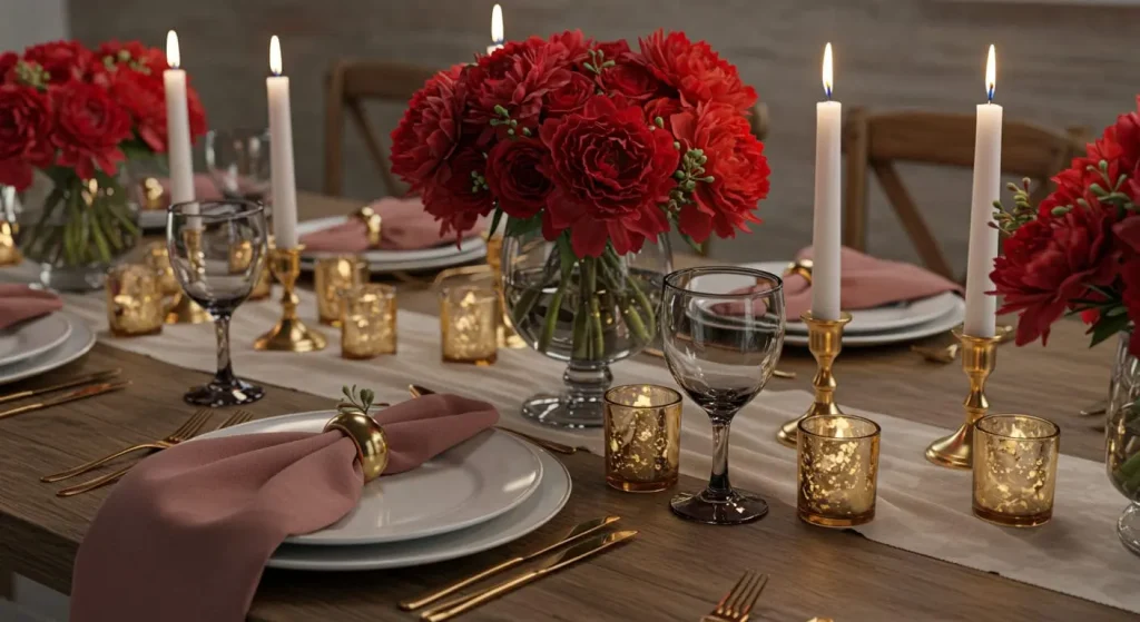 Elegant red flower centerpiece on a styled table, perfect for weddings and home decor.