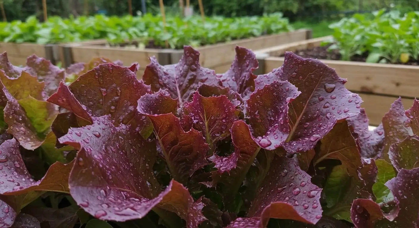 Fresh organic purple lettuce leaves with water droplets, grown in a raised garden bed, surrounded by greenery.