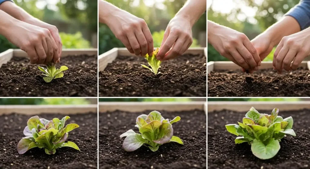 Hands planting  lettuce seeds in nutrient-rich soil in a raised garden bed.