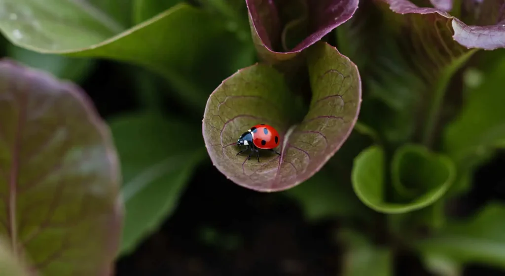 Ladybug on a purple lettuce leaf, representing natural pest control in organic gardening.