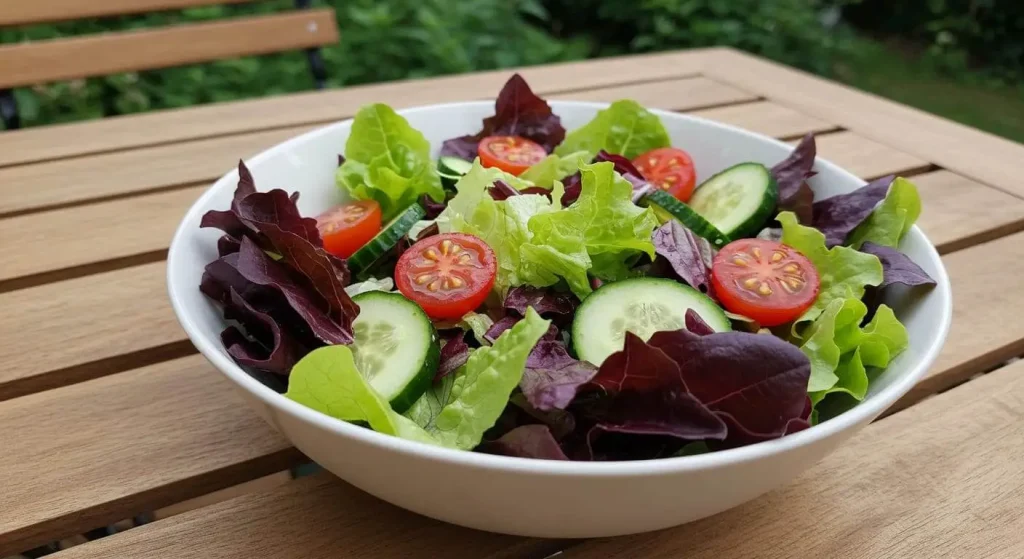 A colorful salad made with fresh organic purple lettuce and other garden-fresh ingredients.