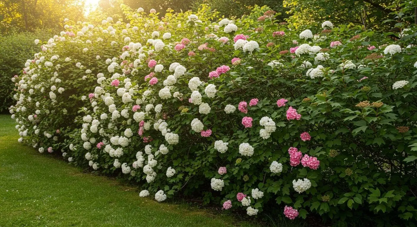 Beautifully blooming viburnum hedge with white flowers and lush green leaves, perfect for privacy and garden design.