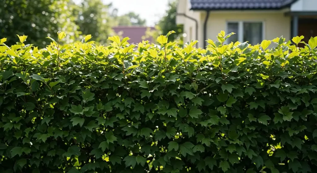 Dense viburnum hedge creating a natural privacy screen in a garden.