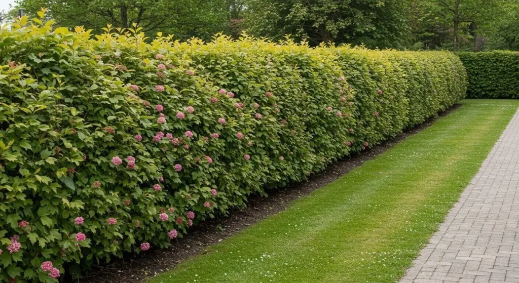 Neatly trimmed viburnum hedge with spring blooms along a garden path.