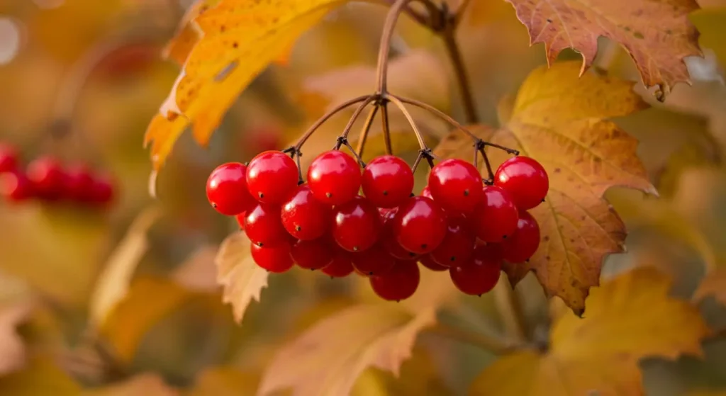 Bright red berries on a viburnum shrub surrounded by fall colors.