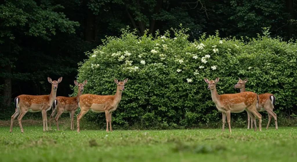 Deer walking past a thriving viburnum hedge without eating it.