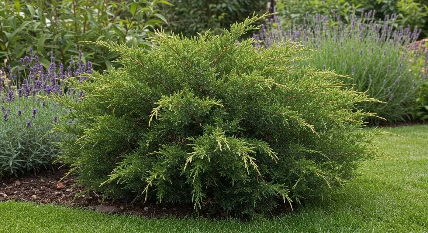 Healthy juniper shrub with lush green foliage in a sunny garden setting.
