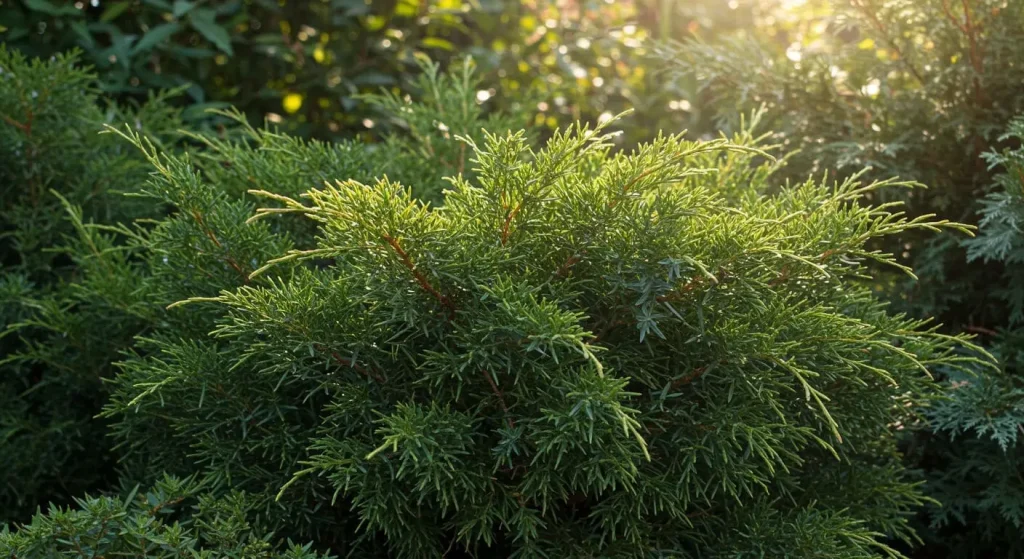 Close-up of a vibrant juniper shrub in a sunny garden.