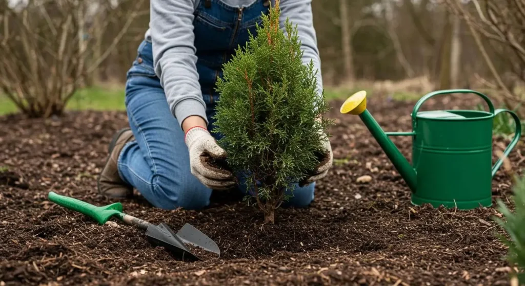 Gardener planting a juniper shrub in rich soil during spring.