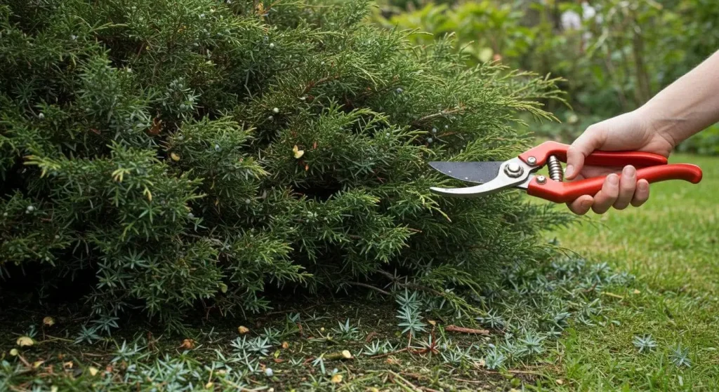 Gardener pruning a juniper shrub to maintain its shape.