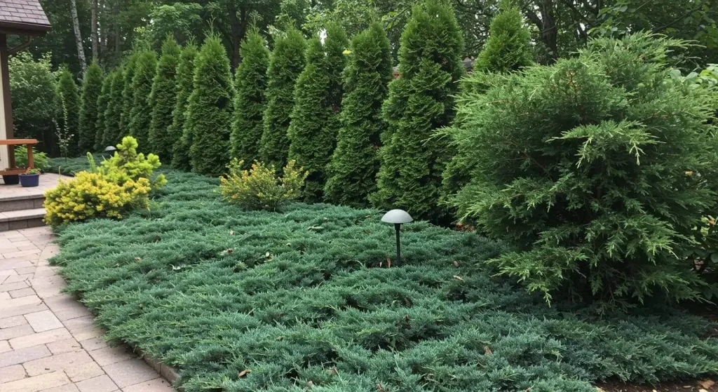 Creative uses of juniper shrubs in a landscaped backyard