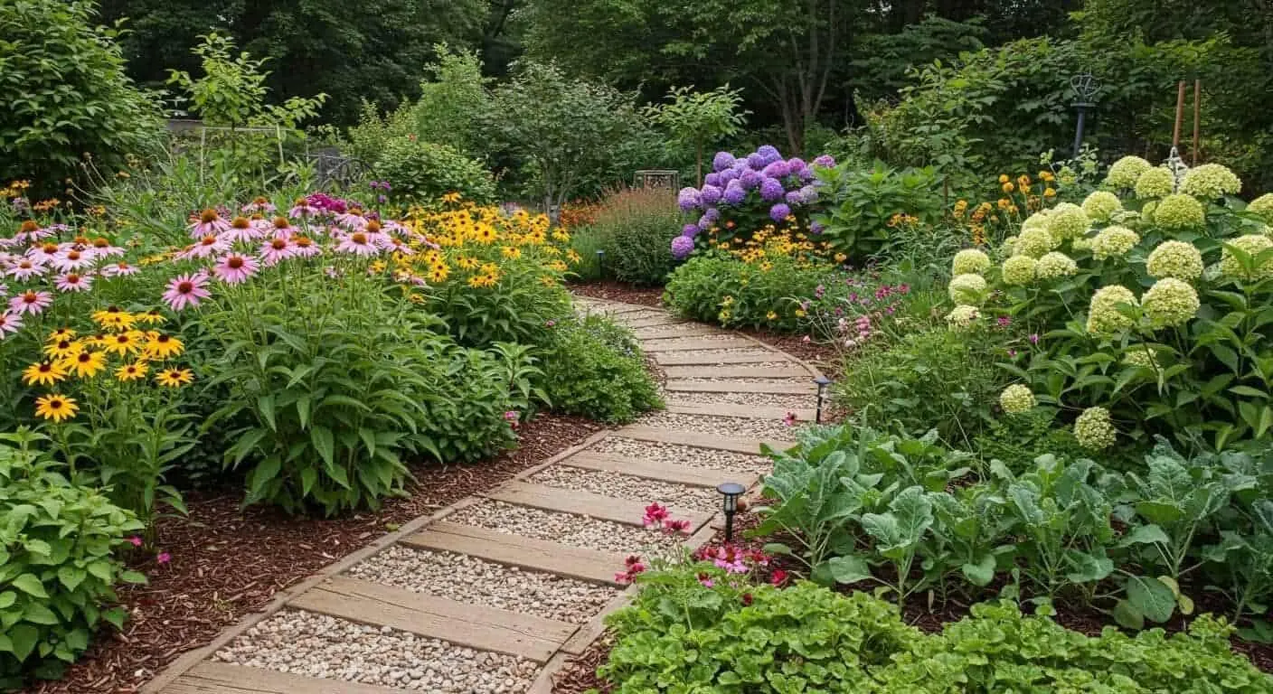 A diverse garden filled with Zone 6 plants, including vibrant perennials, shrubs, and vegetables, designed to thrive in USDA Hardiness Zone 6 climates.