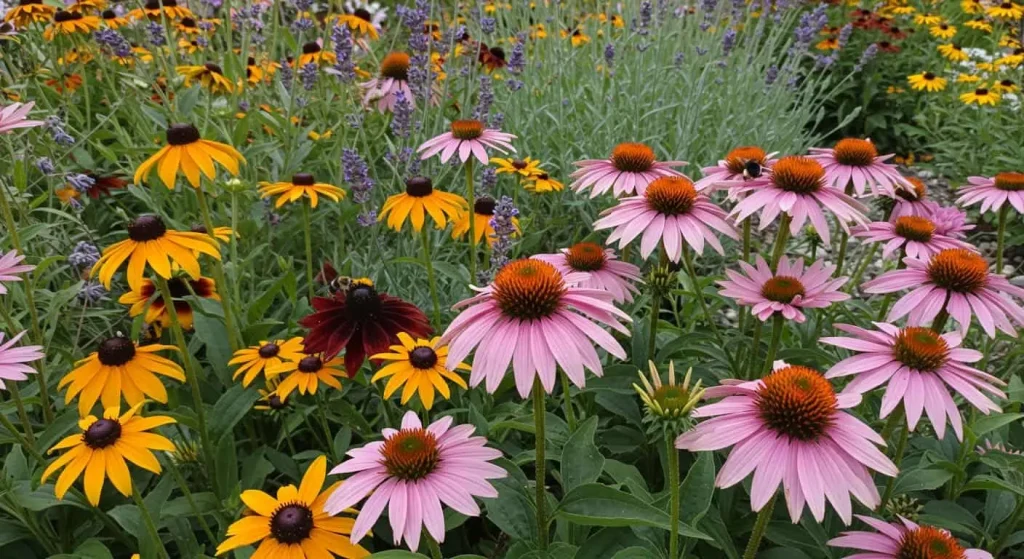 A cheerful flower bed bursting with yellow, purple, and pink blooms, attracting bees and butterflies.