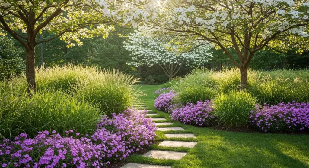 A serene backyard with flowering dogwoods, textured grasses, and a cascading groundcover along a stone path.