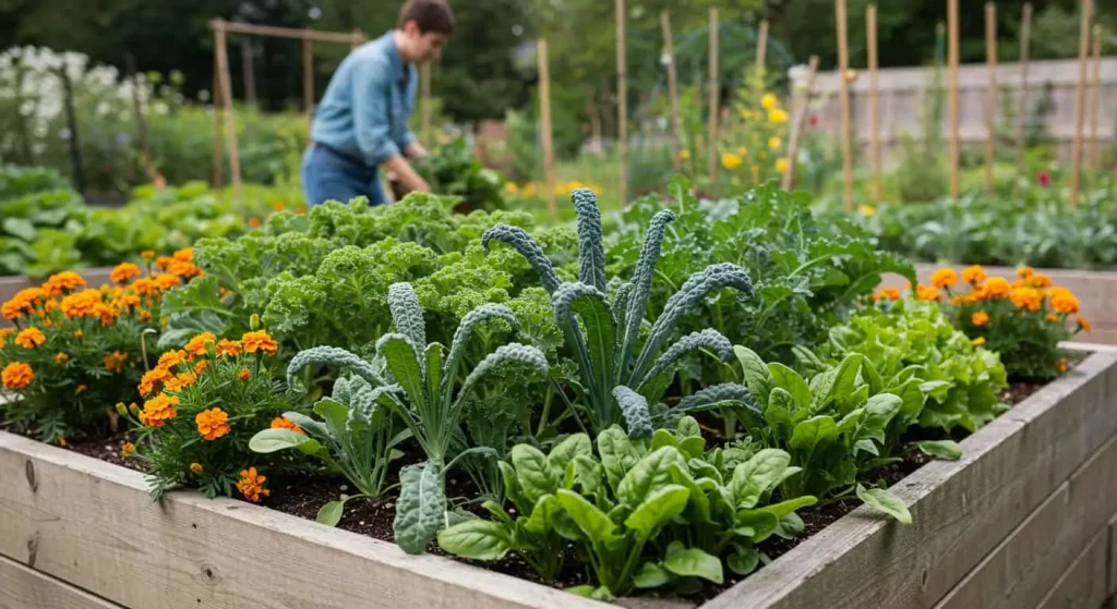 A raised garden bed brimming with leafy greens and marigolds, with a gardener tending to the harvest.