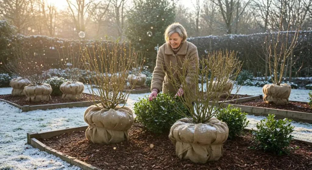 A winter garden with protected shrubs, mulched beds, and a gardener checking on dormant plants.