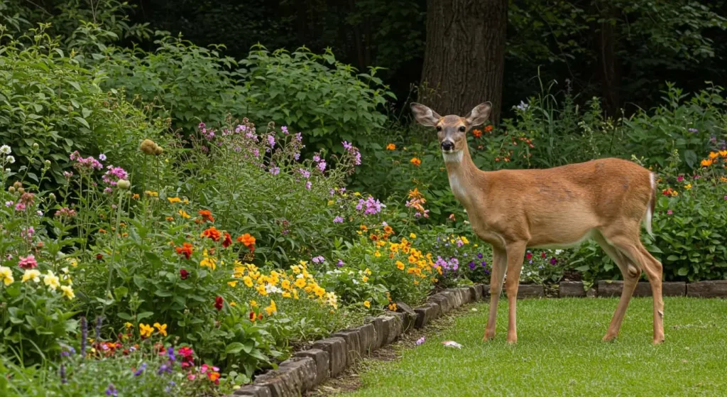 A curious deer in a garden causing visible damage to plants and flowers.Deer Repellent Plants 