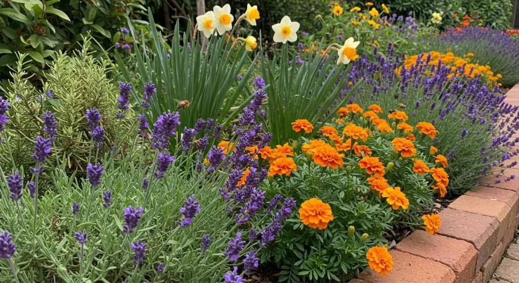 A colorful garden bed featuring fragrant herbs and flowers that naturally deter wildlife.