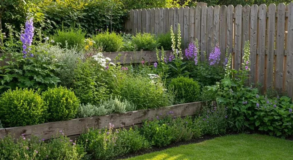 A well-designed garden with layered plants and natural barriers to prevent wildlife intrusion.