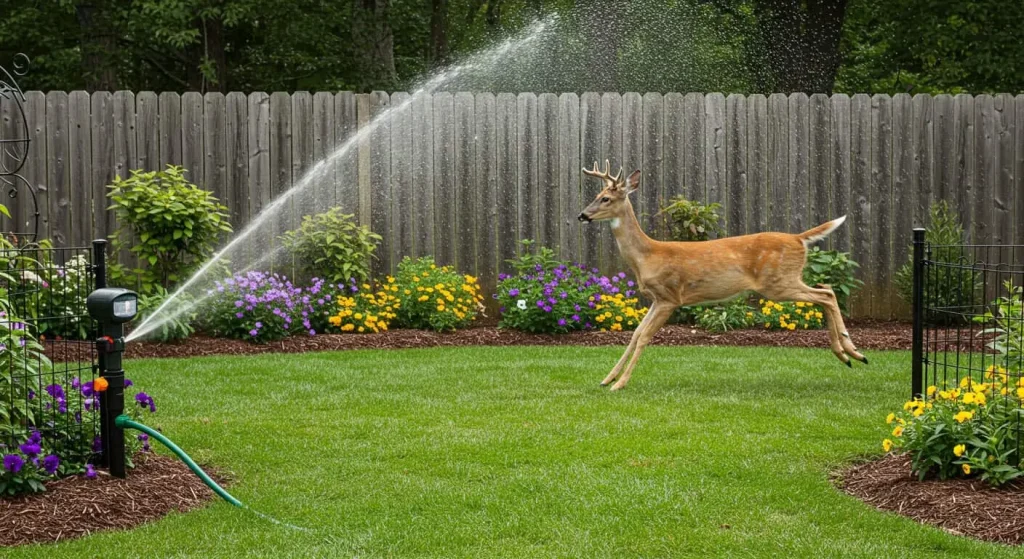 A motion-activated sprinkler deterring a deer from entering a fenced garden area