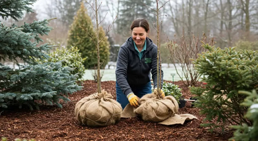 A gardener preparing a winter garden with protective wraps and mulch.