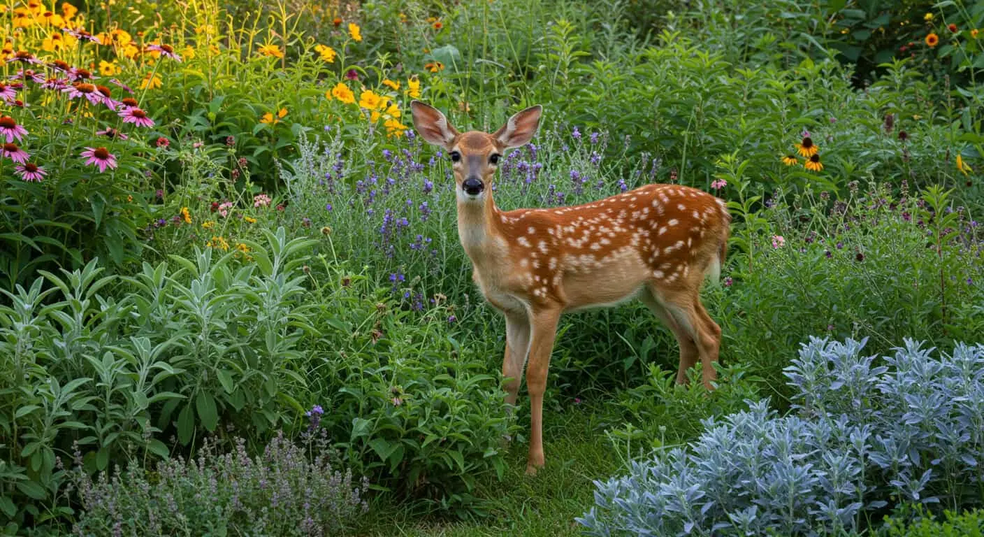 A colorful garden featuring fragrant herbs and flowers that naturally deter deer while attracting pollinators