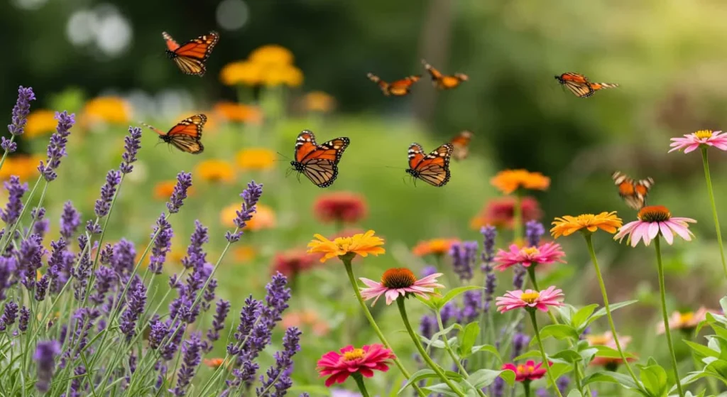 Colorful flowers and butterflies in a sunny garden with blooming lavender, zinnias, and coneflowers attracting monarch and swallowtail butterflies