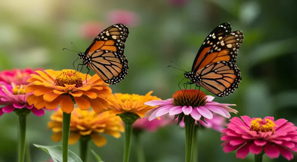 Nectar-rich flowers like zinnias and coneflowers attract monarch and swallowtail butterflies in a sunny garden.