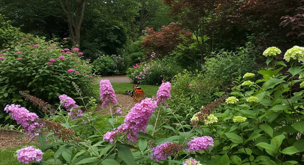 Butterfly bush and hydrangeas provide shelter and nectar for butterflies in a well-designed garden habitat.