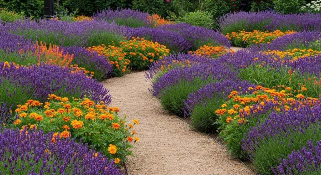 Clustered flowers like lavender and marigolds with a winding pathway guide butterflies through the garden.