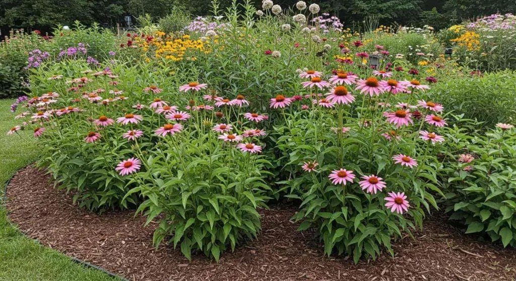 Perennials and annuals like coneflowers and zinnias attract bees and butterflies in a biodiverse garden.