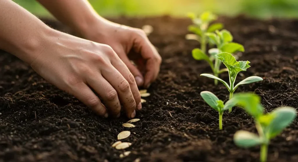 Planting cucuzza squash seeds in well-prepared garden soil