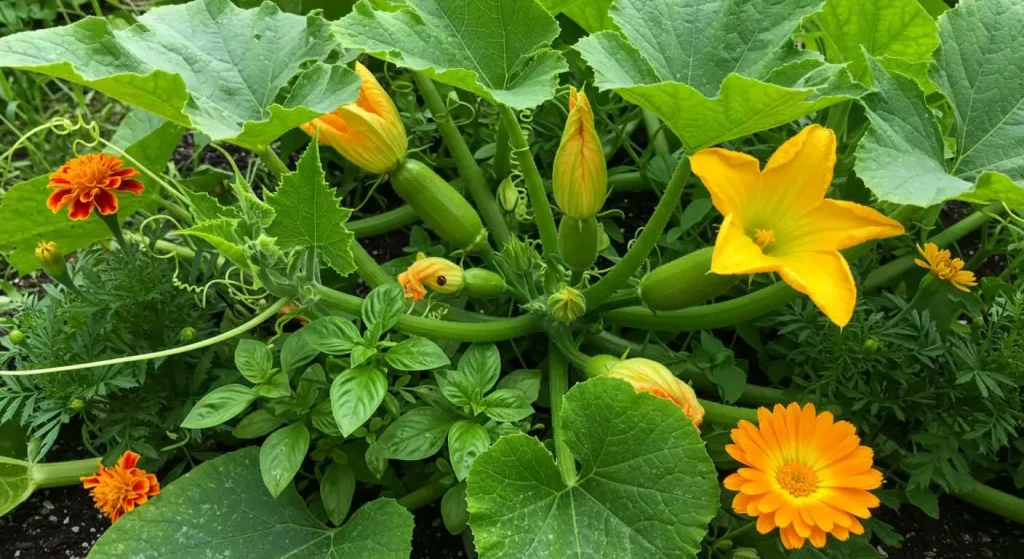 Companion planting with marigolds and basil to protect cucuzza squash