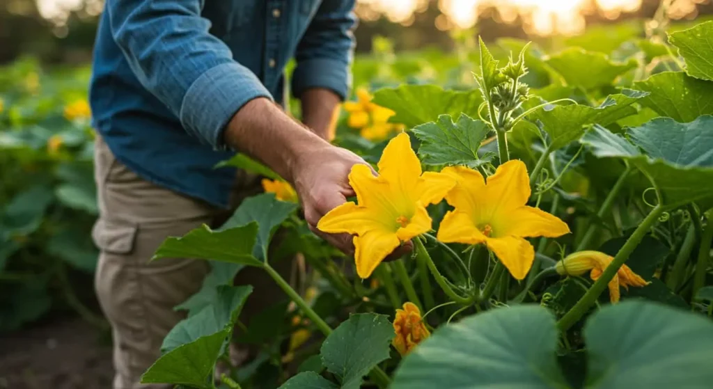 Gardener hand-pollinating cucuzza squash flowers to boost fruit production