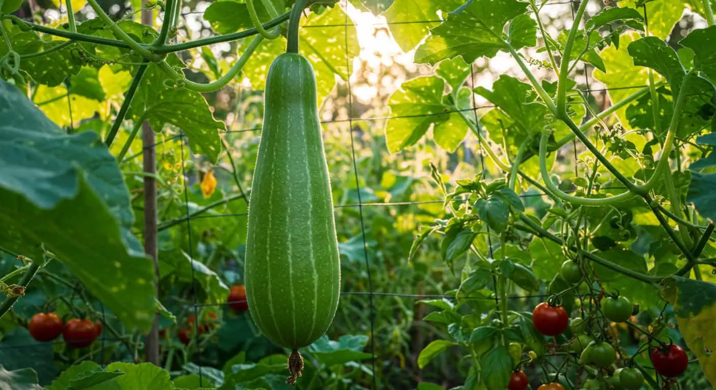 Cucuzza squash growing on a trellis in a sunny vegetable garden