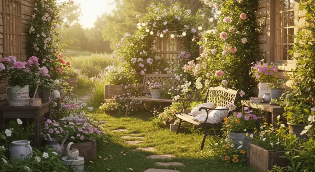 A charming cottage core aesthetic garden with wildflowers, rustic decor, and a vintage bench under soft lighting