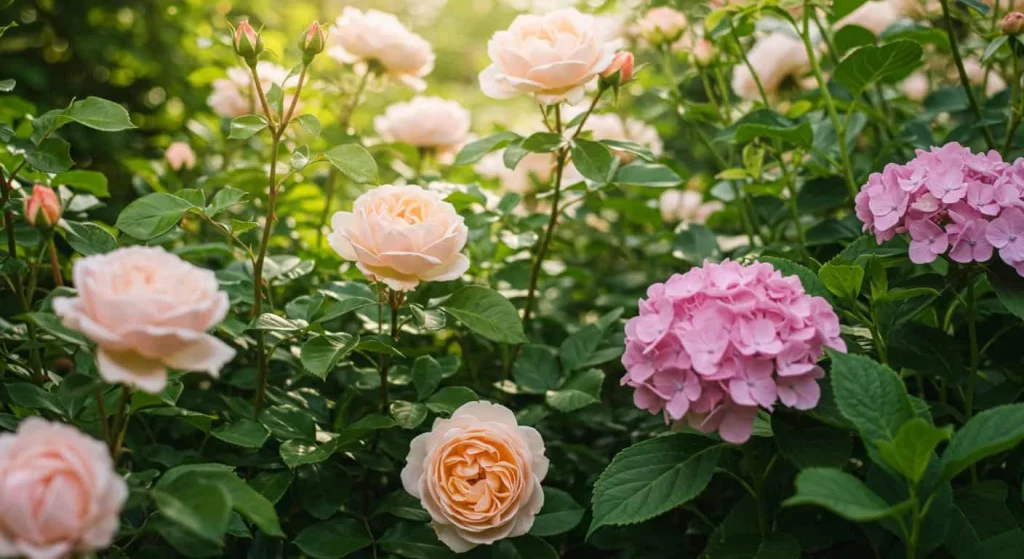 Soft pastel blooms like roses and hydrangeas in a cottage core garden