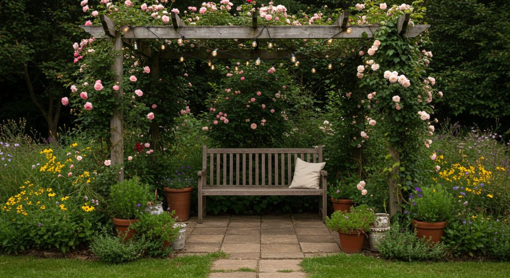 Rustic wooden bench under a flower-covered pergola in a cottage core garden