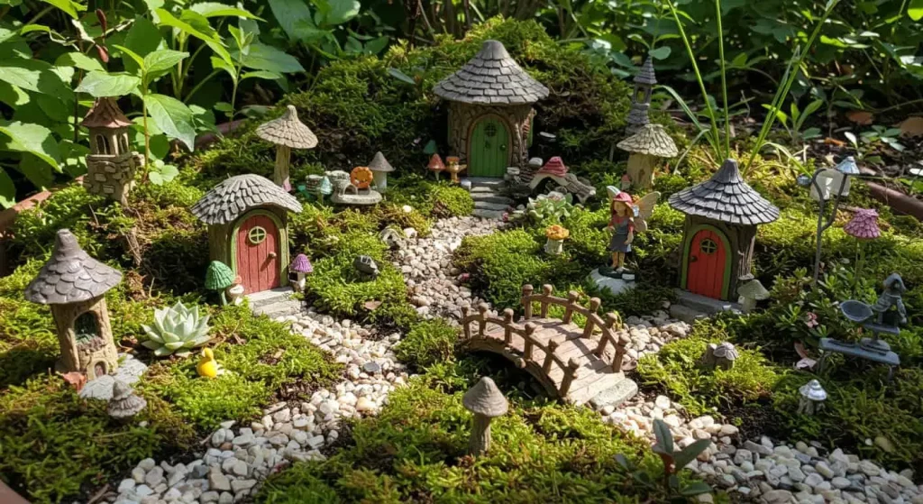 Whimsical fairy garden with miniature accessories in a cottage core setting