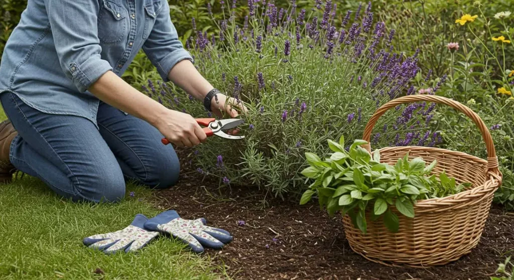 Gardener pruning lavender and deadheading flowers in a cottage core garden