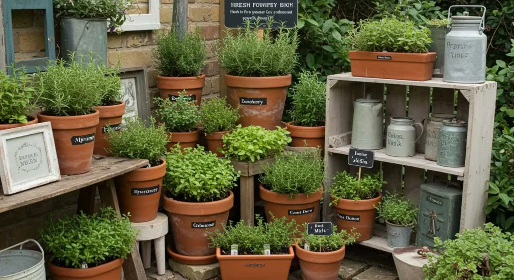 Themed herb corner with hand-painted signs in a cottage core garden